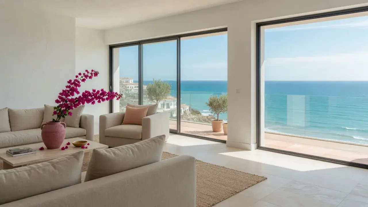 Helle Polstermöbel in einer Villa mit Blick auf das Meer an der Costa del Sol