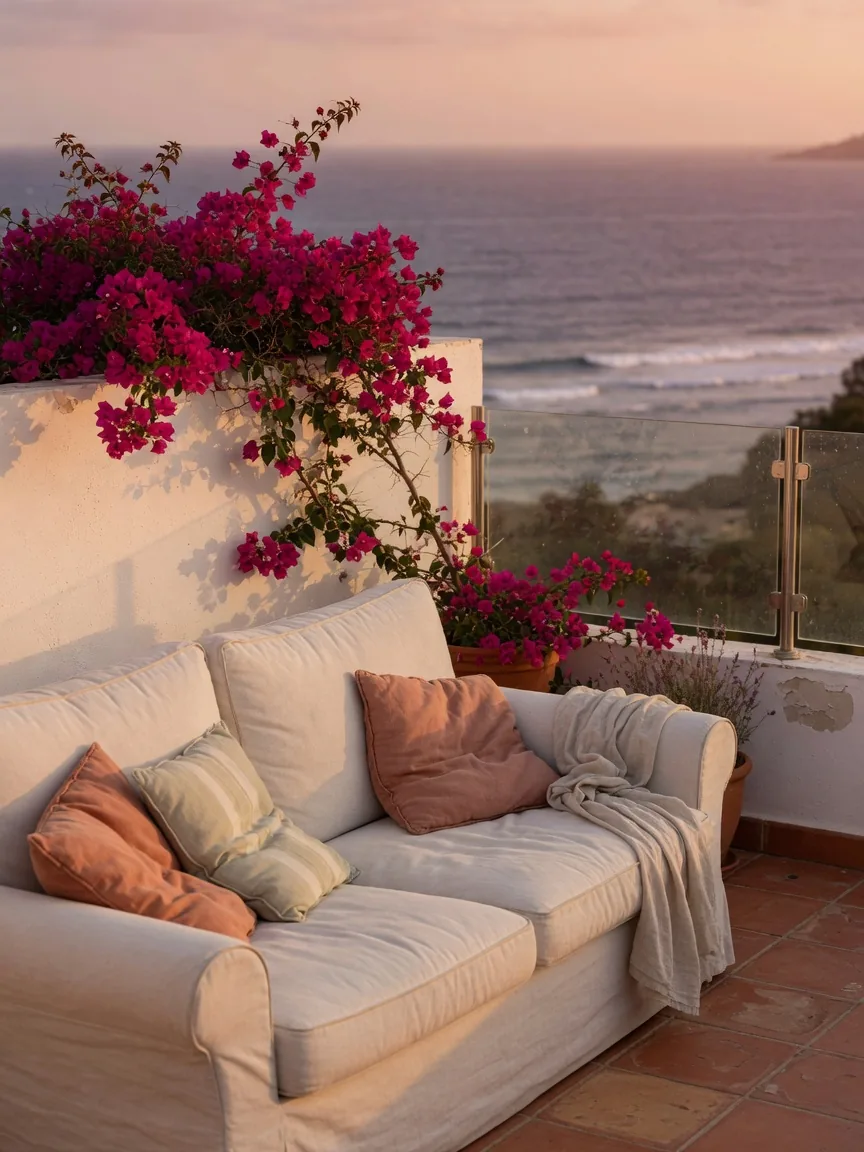 Leinensofa und Kissen auf einer sonnigen Terrasse