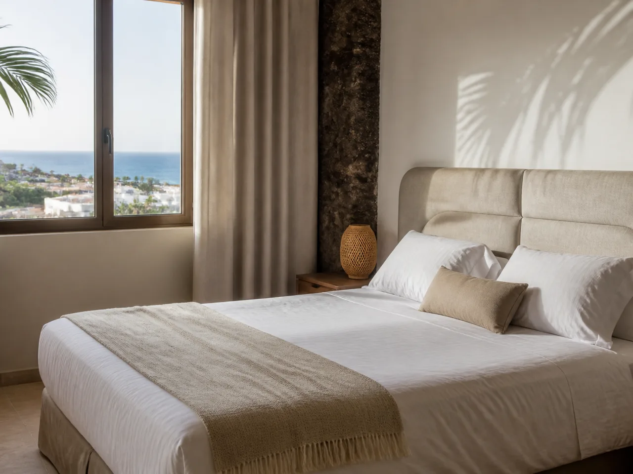 Gästezimmer auf Gran Canaria mit Doppelbett und Atlantikblick