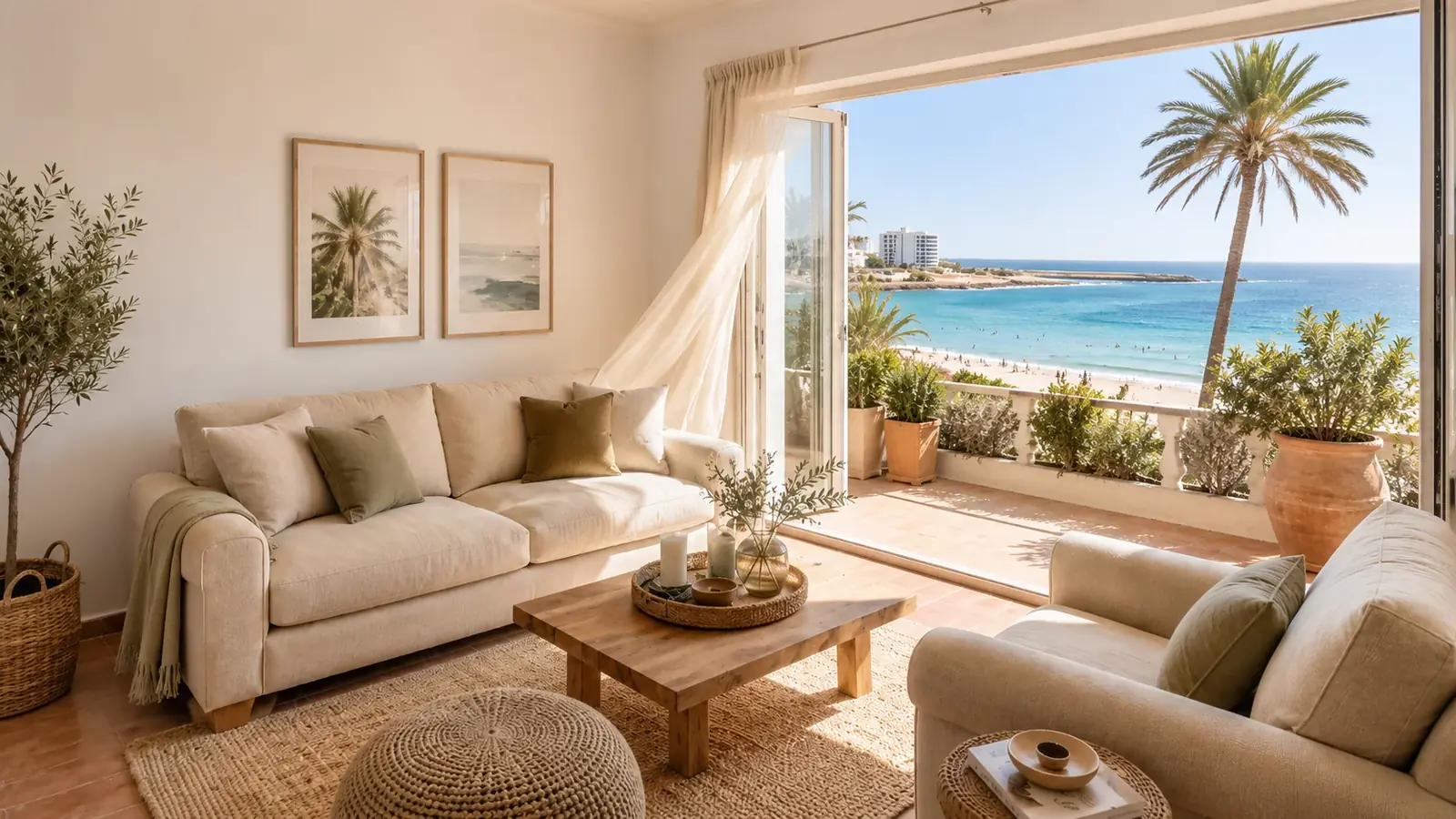 Helle Polstermöbel in einem Apartment mit Atlantikblick auf Gran Canaria