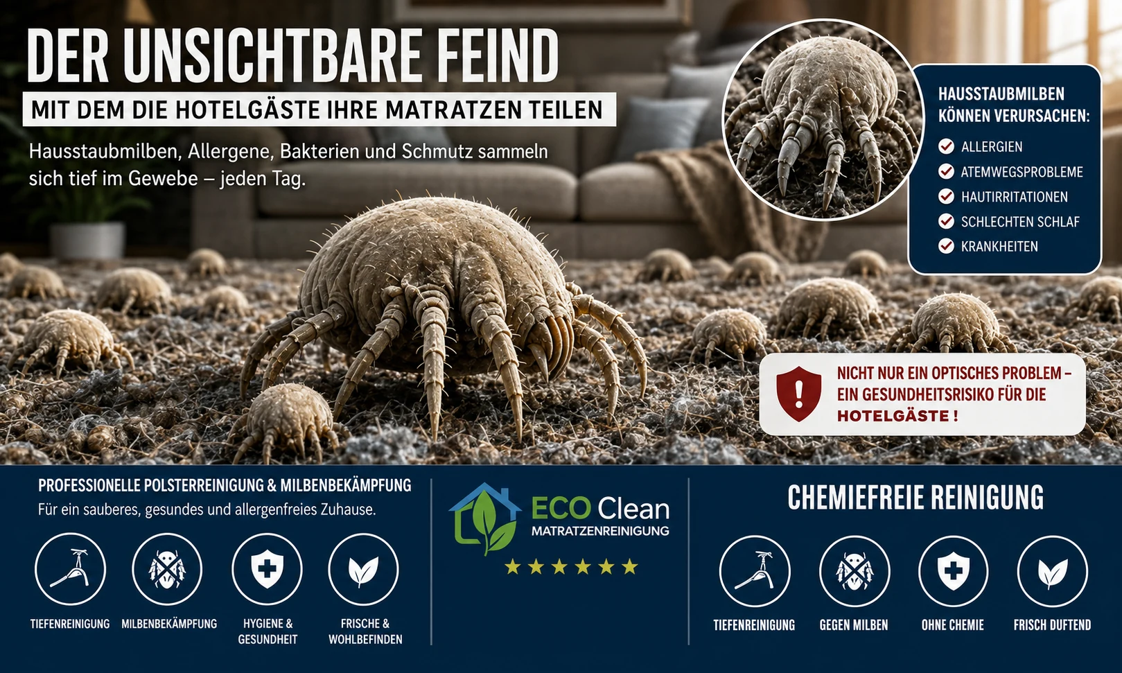 Schematische Infografik zu Hausstaubmilben in Matratzen und zur Reinigung; die Milben sind stark vergrößert dargestellt.