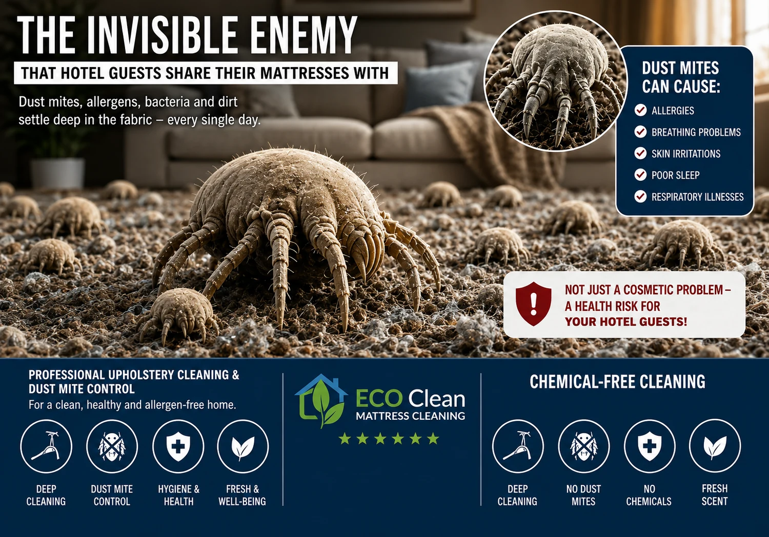 Schematic infographic about dust mites in mattresses and mattress cleaning, with greatly enlarged mites.