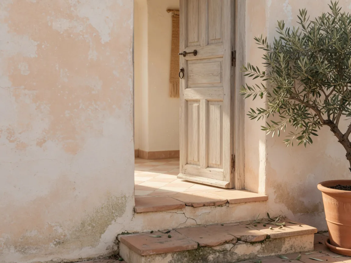 Offene Finca-Tür auf Mallorca, Olivenbaum am Eingang