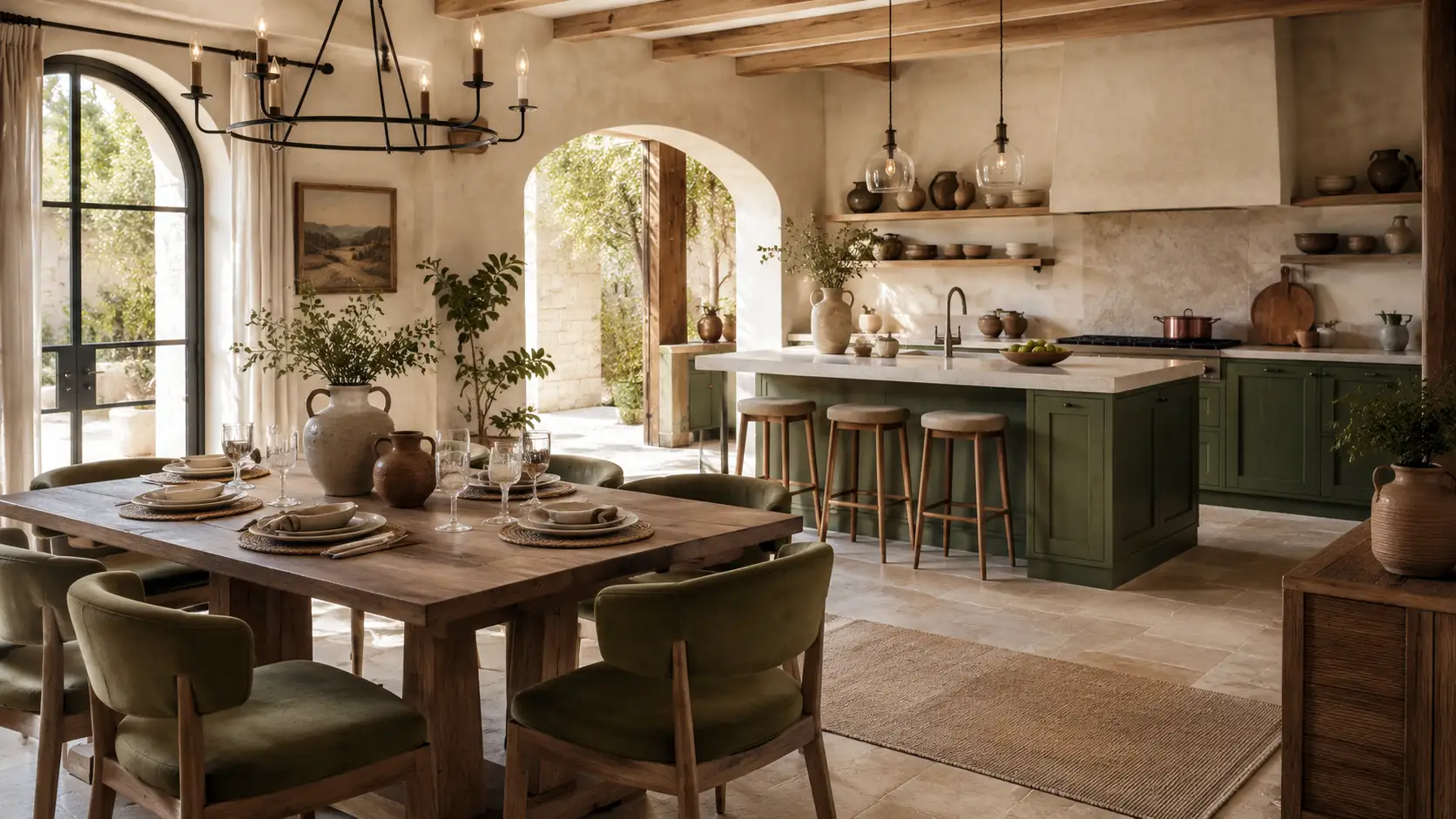 Speisesaal einer Finca auf Mallorca, olivgrüne Polsterstühle am Holztisch