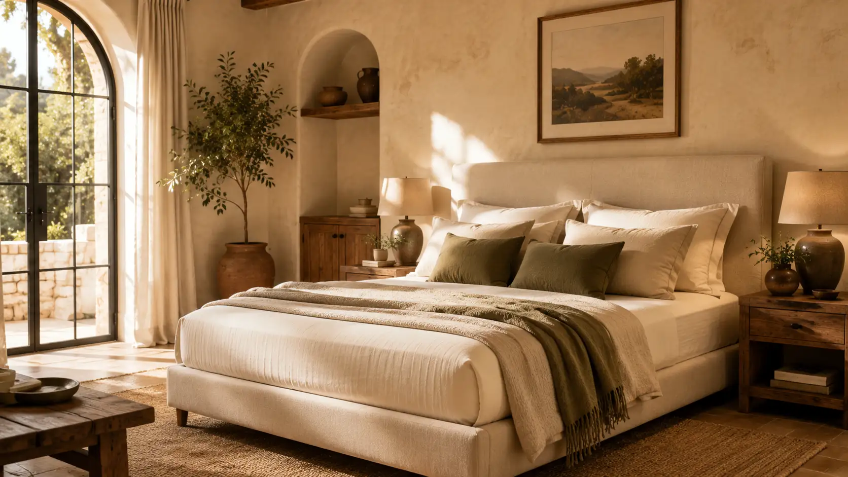Schlafzimmer mit Polsterbett und Olivenbaum in einer Finca auf Mallorca