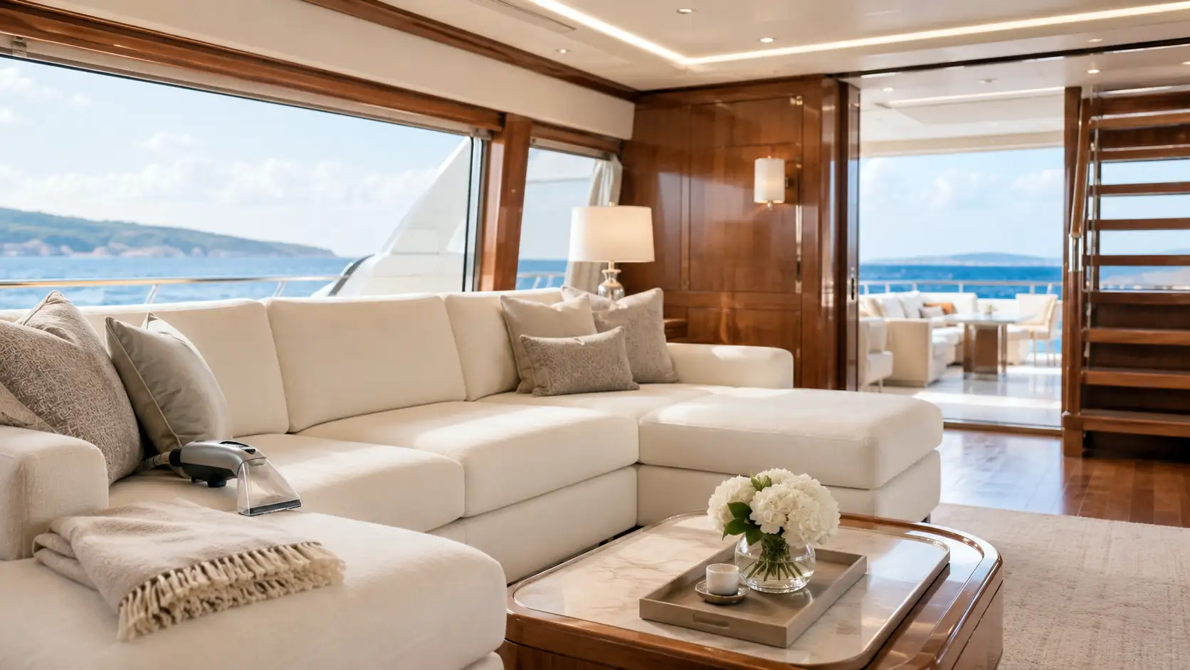 Yacht-Salon mit cremefarbenem Ecksofa vor der Küste Mallorcas