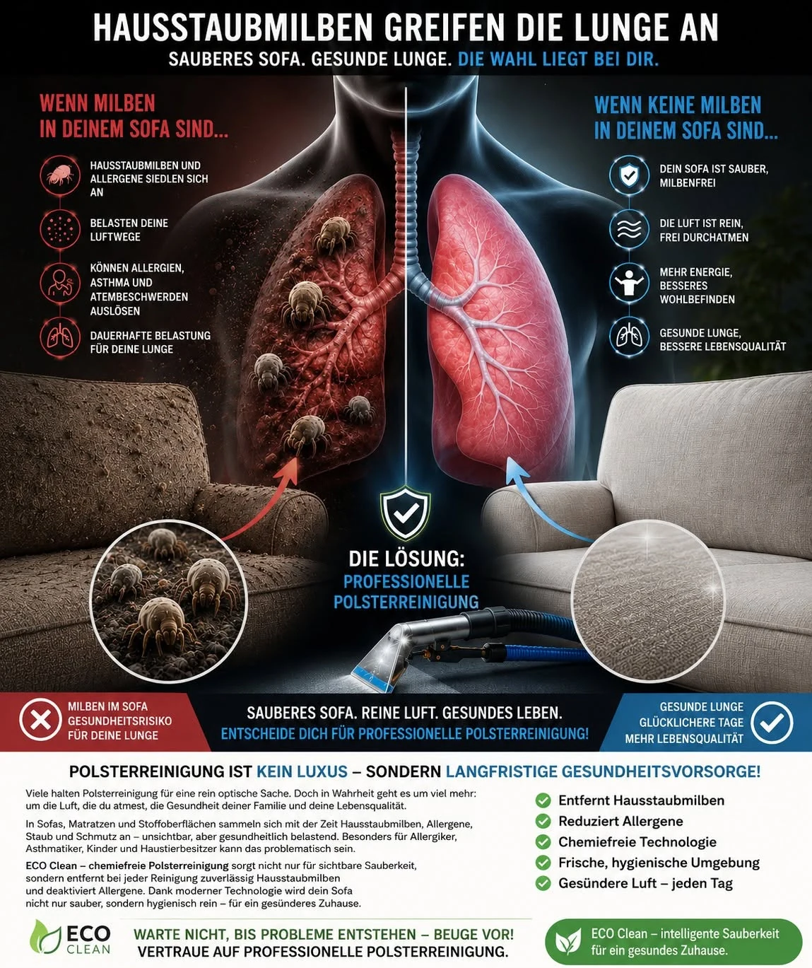 Schematische Infografik zur Polsterreinigung mit Sofa, stark vergrößerten Hausstaubmilben und Lungensymbolen.