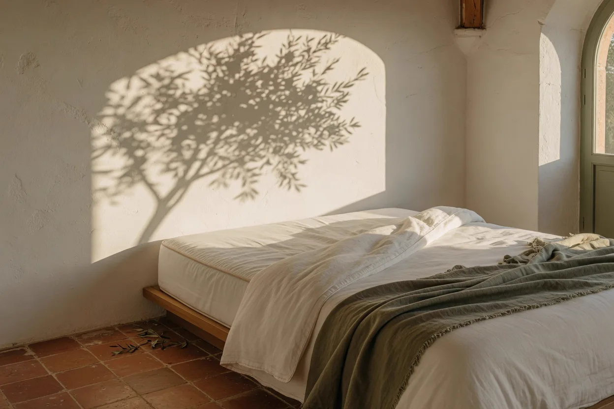 Matratze 160 cm mit Olivschatten an der Finca-Wand