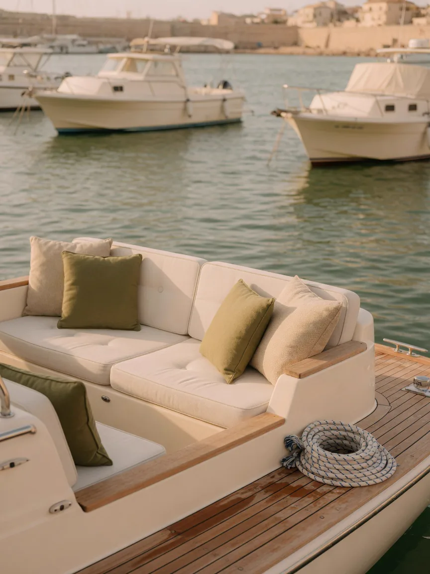 Cremeweißes Yacht-Polster im Hafen auf Mallorca