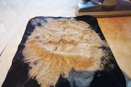 Ausgesaugter Matratzenstaub auf schwarzem Tuch neben dem Saugkopf, Aufnahme 18 von 25