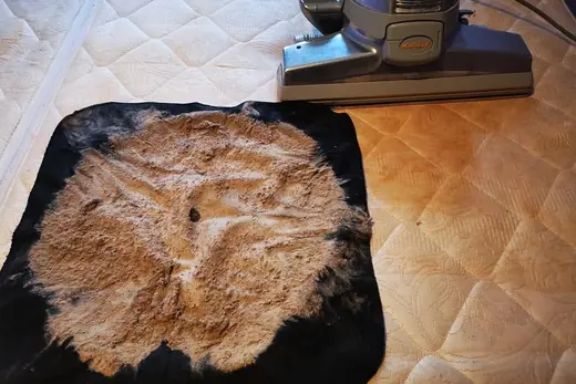 Ausgesaugter Matratzenstaub auf schwarzem Tuch neben dem Saugkopf, Aufnahme 19 von 25