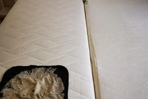 Ausgesaugter Matratzenstaub auf schwarzem Tuch neben dem Saugkopf, Aufnahme 4 von 25