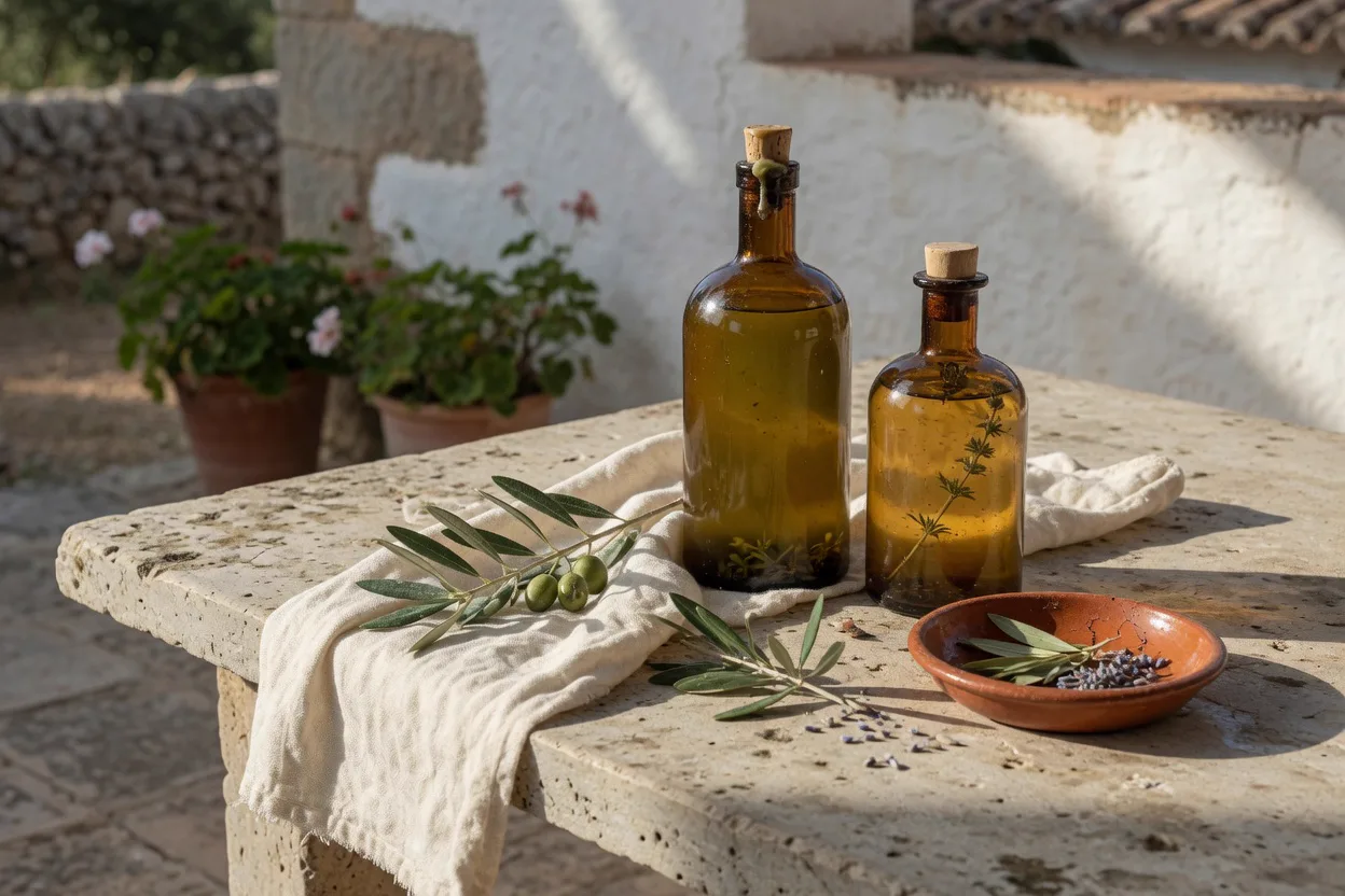 Pflanzliche Wirkstoffe und Leinen auf einem Steintisch einer Finca