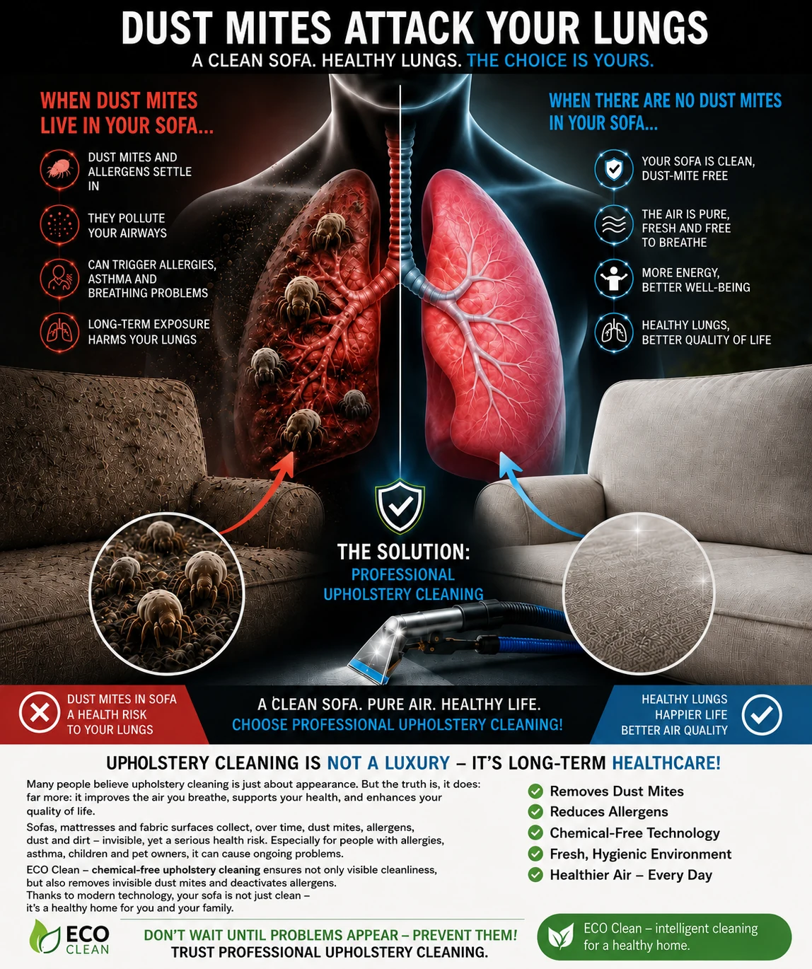 Schematic infographic about upholstery cleaning, showing a sofa, greatly enlarged dust mites and lung symbols.